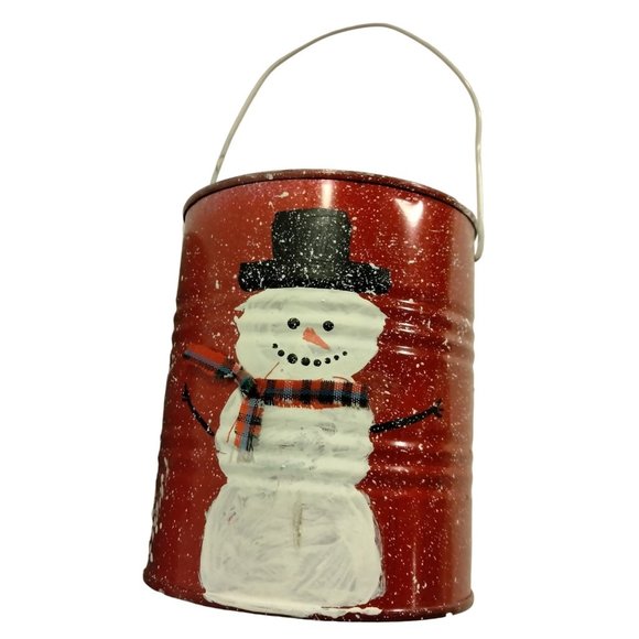 Handcrafted Snowman Tin Bucket Gift Canister Red White Distressed Pail - Picture 1 of 8